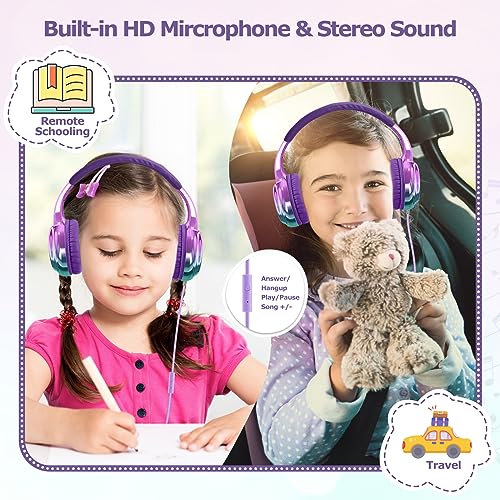 QearFun Headphones for Girls Kids for School, Kids Wired Headphones with Microphone & 3.5mm Jack, Teens Noise Cancelling Headphone with Adjustable Headband for Tablet/Smartphones-Gradient Deep Purple