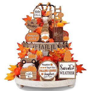 maitys 21 pcs fall thanksgiving tiered tray decor set fall pumpkin gnome truck wood sign rustic farmhouse decor hello fall wood bead decorative tabletop sign for autumn thanksgiving day table holiday