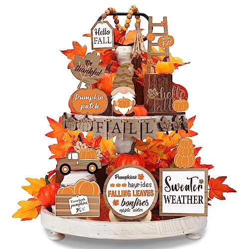 Maitys 21 Pcs Fall Thanksgiving Tiered Tray Decor Set Fall Pumpkin Gnome Truck Wood Sign Rustic Farmhouse Decor Hello Fall Wood Bead Decorative Tabletop Sign for Autumn Thanksgiving Day Table Holiday