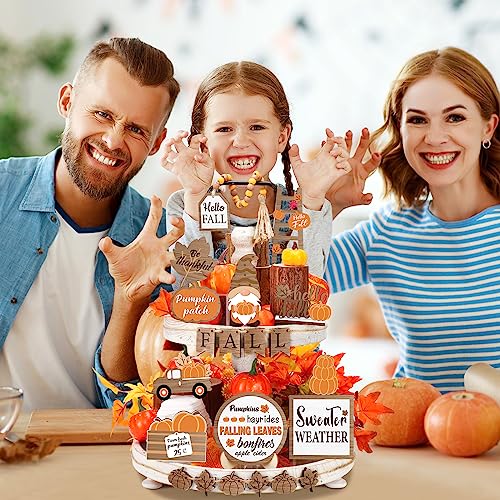 Maitys 21 Pcs Fall Thanksgiving Tiered Tray Decor Set Fall Pumpkin Gnome Truck Wood Sign Rustic Farmhouse Decor Hello Fall Wood Bead Decorative Tabletop Sign for Autumn Thanksgiving Day Table Holiday