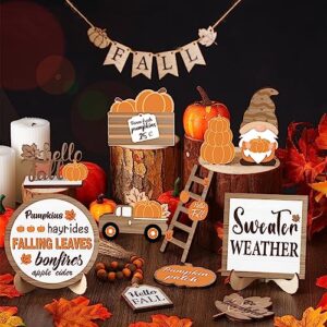 Maitys 21 Pcs Fall Thanksgiving Tiered Tray Decor Set Fall Pumpkin Gnome Truck Wood Sign Rustic Farmhouse Decor Hello Fall Wood Bead Decorative Tabletop Sign for Autumn Thanksgiving Day Table Holiday