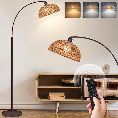 Arch Floor Lamp- Bronze Boho Floor Lamps with Remote, 360° Rattan Shade, Foot Switch, Rattan Floor Lamp with Stepless Dimmable LED Bulb, Brown Rustic Floor Lamp for Living Room, Bedroom, Office