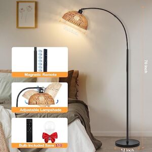 Arch Floor Lamp- Bronze Boho Floor Lamps with Remote, 360° Rattan Shade, Foot Switch, Rattan Floor Lamp with Stepless Dimmable LED Bulb, Brown Rustic Floor Lamp for Living Room, Bedroom, Office