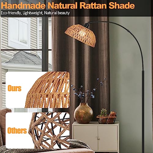 Arch Floor Lamp- Bronze Boho Floor Lamps with Remote, 360° Rattan Shade, Foot Switch, Rattan Floor Lamp with Stepless Dimmable LED Bulb, Brown Rustic Floor Lamp for Living Room, Bedroom, Office