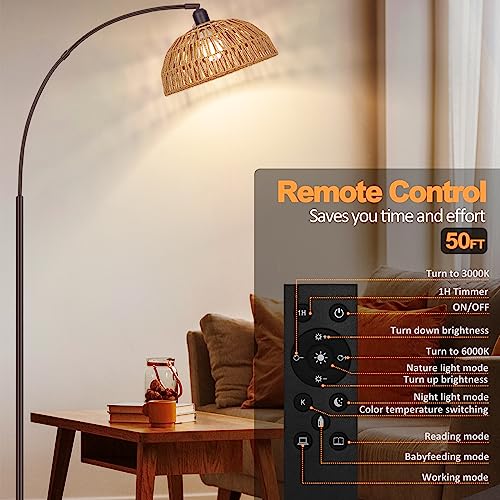 Arch Floor Lamp- Bronze Boho Floor Lamps with Remote, 360° Rattan Shade, Foot Switch, Rattan Floor Lamp with Stepless Dimmable LED Bulb, Brown Rustic Floor Lamp for Living Room, Bedroom, Office