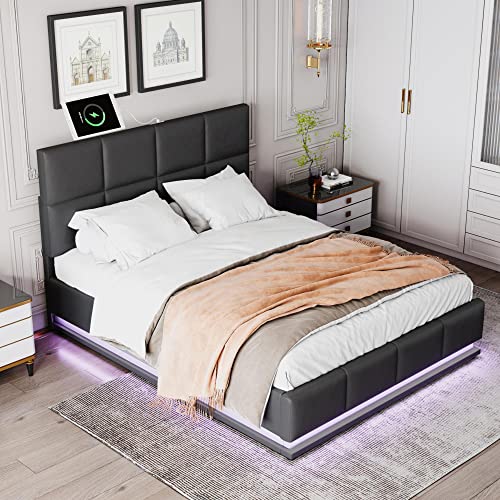 Anwickhomk Queen Size Lift Up Storage Bed/with Storage and LED Light Button Tufted Wingback Headboard and USB Charger, Hydraulic Storage System for Kids Teens and Adults, No Box Spring Needed (Black)