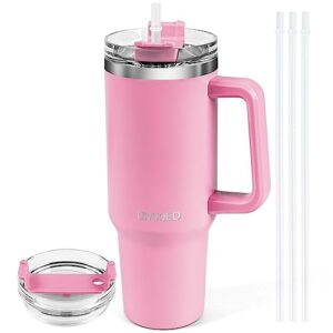 lsvuqed 40 oz tumbler with handle and straw lid, insulated reusable stainless steel travel mug keeps drinks insulation up to 12 hours, leakproof bottle for water, tea or coffee and more.(hot pink)