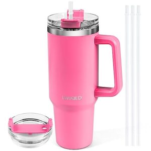 lsvuqed tumbler with handle 40 oz travel mug straw covers cup with lid insulated stainless steel water iced tea coffee gift .(pink)