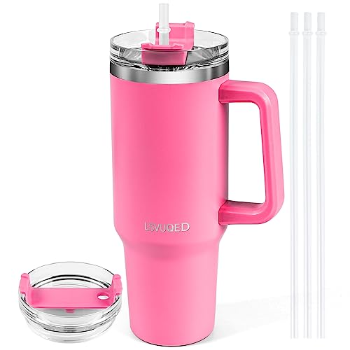 LSVUQED Tumbler With Handle 40 oz Travel Mug Straw Covers Cup with Lid Insulated Stainless Steel Water Iced Tea Coffee Gift .(Pink)