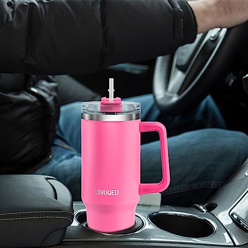 LSVUQED Tumbler With Handle 40 oz Travel Mug Straw Covers Cup with Lid Insulated Stainless Steel Water Iced Tea Coffee Gift .(Pink)