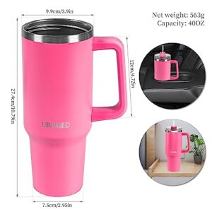 LSVUQED Tumbler With Handle 40 oz Travel Mug Straw Covers Cup with Lid Insulated Stainless Steel Water Iced Tea Coffee Gift .(Pink)