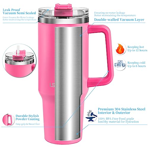 LSVUQED Tumbler With Handle 40 oz Travel Mug Straw Covers Cup with Lid Insulated Stainless Steel Water Iced Tea Coffee Gift .(Pink)