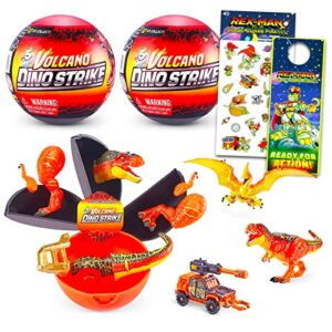 zuru 5 surprise volcano dino strike mystery set - surprise mini dinosaur bundle with 2 dinosaur mystery balls plus rex-man stickers and more | dinosaur toys for kids