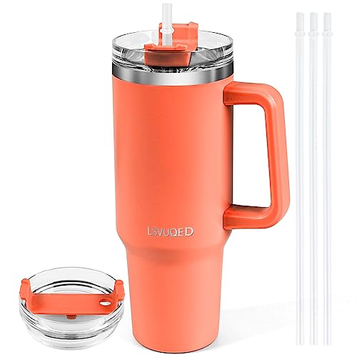 LSVUQED Tumbler With Handle 40 oz Travel Mug Straw Covers Cup with Lid Insulated Stainless Steel Water Iced Tea Coffee Gift .(Orange)