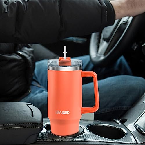 LSVUQED Tumbler With Handle 40 oz Travel Mug Straw Covers Cup with Lid Insulated Stainless Steel Water Iced Tea Coffee Gift .(Orange)