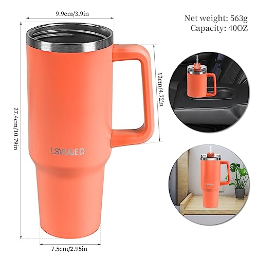 LSVUQED Tumbler With Handle 40 oz Travel Mug Straw Covers Cup with Lid Insulated Stainless Steel Water Iced Tea Coffee Gift .(Orange)