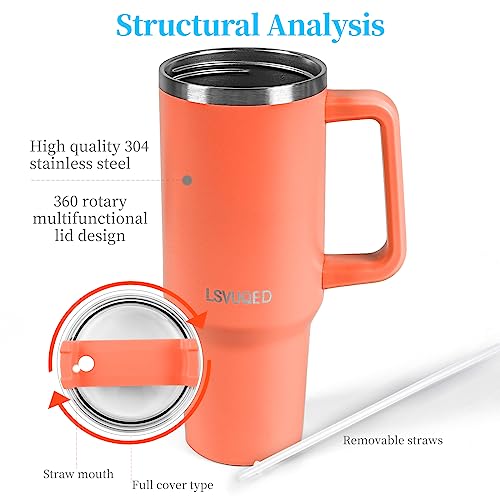 LSVUQED Tumbler With Handle 40 oz Travel Mug Straw Covers Cup with Lid Insulated Stainless Steel Water Iced Tea Coffee Gift .(Orange)