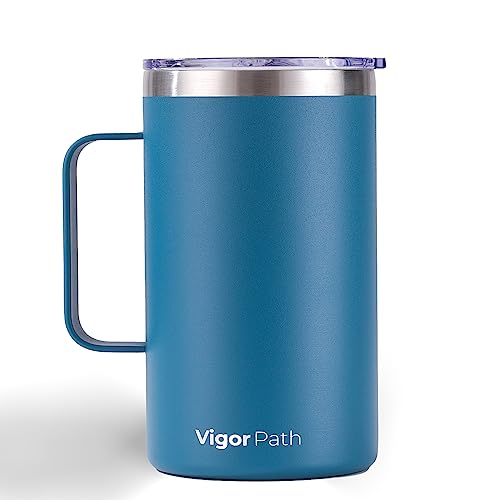 VIGOR PATH Insulated Coffee Mug with Handle and Sliding Lid - Double Wall Vacuum Stainless Steel Mug for Travel, Office, and Daily Use - 24oz (Dark Blue)