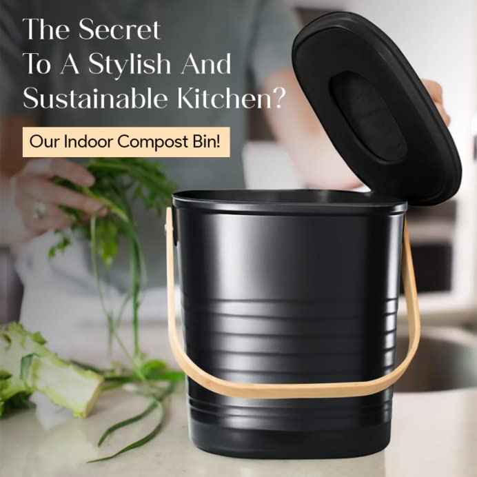 Bamboo Fiber Compost Bin Kitchen Counter - Stylish Indoor Compost Bucket for Kitchen Countertop - Includes 2 Charcoal Filters 15mm Thick - Recycling Trash Food Waste Composter Bins (Black)