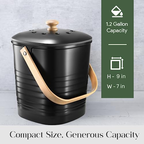 Bamboo Fiber Compost Bin Kitchen Counter - Stylish Indoor Compost Bucket for Kitchen Countertop - Includes 2 Charcoal Filters 15mm Thick - Recycling Trash Food Waste Composter Bins (Black)