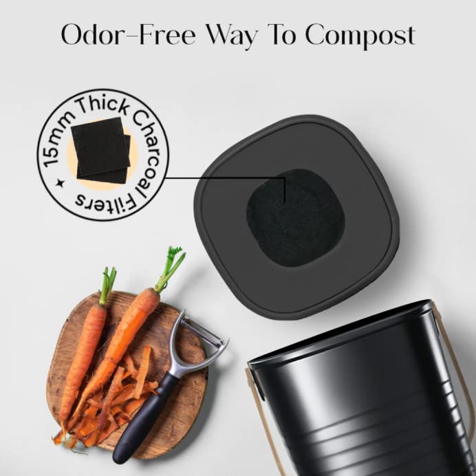 Bamboo Fiber Compost Bin Kitchen Counter - Stylish Indoor Compost Bucket for Kitchen Countertop - Includes 2 Charcoal Filters 15mm Thick - Recycling Trash Food Waste Composter Bins (Black)