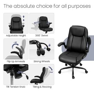 NEO CHAIR Ergonomic Office Chair PU Leather Executive Chair Padded Flip Up Armrest Computer Chair Adjustable Height High Back Lumbar Support Wheels Swivel for Gaming Desk Chair (Black)