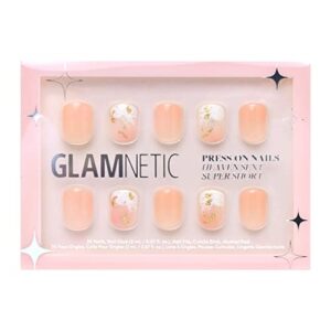 glamnetic press on nails - heaven sent | super short round, semi-transparent nude nails with white and gold accents | 12 sizes - 30 nail kit with glue