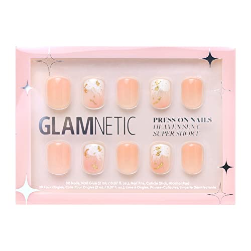 Glamnetic Press On Nails - Heaven Sent | Super Short Round, Semi-Transparent Nude Nails with White and Gold Accents | 12 Sizes - 30 Nail Kit with Glue