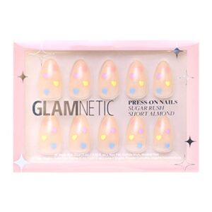 glamnetic press on nails - sugar rush | short almond, semi-transparent nude nail with pastel heart accents | 15 sizes - 30 nail kit with glue