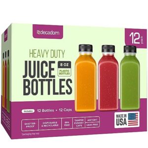 decadorn 8oz plastic bottles with caps - 12 pack plastic juice bottles for juicing - empty juice containers with lids for fridge - made in usa clear mini reusable bottles with lids - drink container