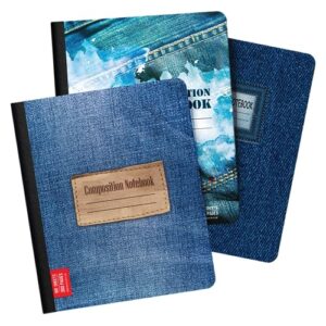 e-clips usa composition notebook wide ruled, aesthetic composition notebook, hard cover, jean print preppy composition notebook, 100 sheets 200 pages (3 pack)