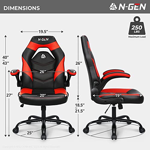 N-GEN Video Gaming Computer Chair Ergonomic Office Chair Desk Chair with Lumbar Support Flip Up Arms Adjustable Height Swivel PU Leather Executive PC Chair with Wheels for Adults Women Men (Red)