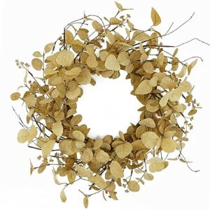 20 inch artificial fall eucalyptus wreath for front door with beige eucalyptus leaves,dry vine branches,seed branches for front door indoor outdoor farmhouse home wall window festival decor