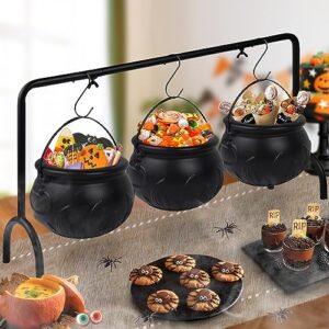 zimati halloween witch cauldron candy serving bowl hocus pocus decorations, set of 3 black plastic cauldron bowls with iron rack, spooky candy bucket punch bowls for table home party decor