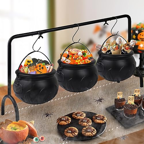 Zimati Halloween Witch Cauldron Candy Serving Bowl Hocus Pocus Decorations, Set of 3 Black Plastic Cauldron Bowls with Iron Rack, Spooky Candy Bucket Punch Bowls for Table Home Party Decor