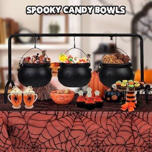 Zimati Halloween Witch Cauldron Candy Serving Bowl Hocus Pocus Decorations, Set of 3 Black Plastic Cauldron Bowls with Iron Rack, Spooky Candy Bucket Punch Bowls for Table Home Party Decor