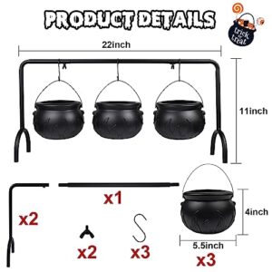 Zimati Halloween Witch Cauldron Candy Serving Bowl Hocus Pocus Decorations, Set of 3 Black Plastic Cauldron Bowls with Iron Rack, Spooky Candy Bucket Punch Bowls for Table Home Party Decor