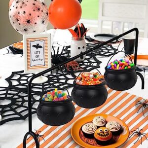 Zimati Halloween Witch Cauldron Candy Serving Bowl Hocus Pocus Decorations, Set of 3 Black Plastic Cauldron Bowls with Iron Rack, Spooky Candy Bucket Punch Bowls for Table Home Party Decor