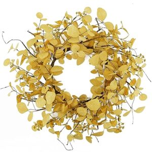 20 inch artificial fall eucalyptus wreath for front door with yellow eucalyptus leaves,dry vine branches for front door indoor outdoor farmhouse home wall window festival decor