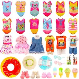 enocht for chelsea doll clothes 6 swimsuits 3 dresses 3 outfits 3 shoes with 2 glasses 2 hat 1 swimming ring 6 accessories for chelsea 5.3 inch doll summer playset