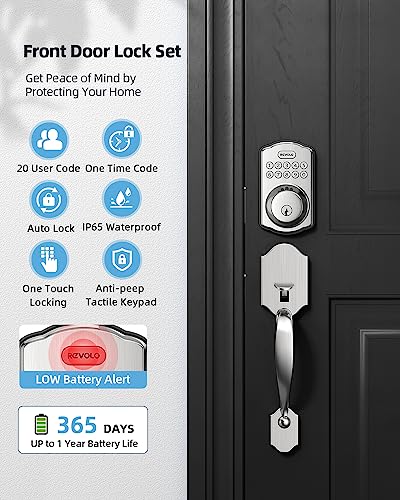 Revolo RE001 Electronic Keypad Deadbolt, Keyless Entry Door Lock, Keyed Entry, Auto Lock, Smart Lock with Handle, Front Door Handle Sets, Anti-Peeking Password, Satin Nickel