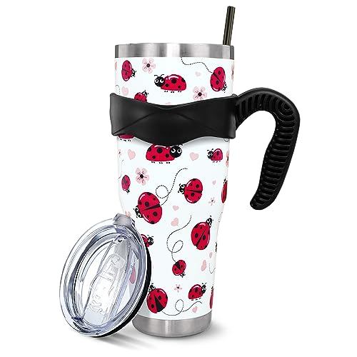 Ladybug 40 Oz Tumbler with Handle and Straw, Cute Large Big Stainless Steel Vacuum Insulated Tumbler Iced Coffee Cup Water Bottle Travel Mug,Ladybug Gifts for Women Decor Accessories Stuff, Red White