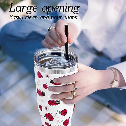 Ladybug 40 Oz Tumbler with Handle and Straw, Cute Large Big Stainless Steel Vacuum Insulated Tumbler Iced Coffee Cup Water Bottle Travel Mug,Ladybug Gifts for Women Decor Accessories Stuff, Red White