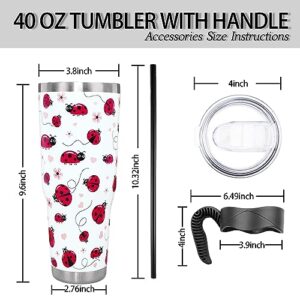 Ladybug 40 Oz Tumbler with Handle and Straw, Cute Large Big Stainless Steel Vacuum Insulated Tumbler Iced Coffee Cup Water Bottle Travel Mug,Ladybug Gifts for Women Decor Accessories Stuff, Red White