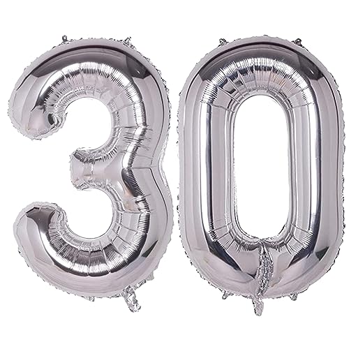 WEIKA 40 Inch Number 30 Balloons, Silver Giant Jumbo Helium Number 30 Foil Balloons for 30th Birthday Party Anniversary Events Man Woman Decorations Supplies