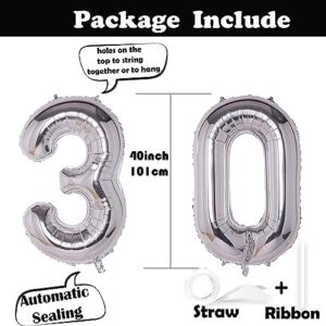 WEIKA 40 Inch Number 30 Balloons, Silver Giant Jumbo Helium Number 30 Foil Balloons for 30th Birthday Party Anniversary Events Man Woman Decorations Supplies