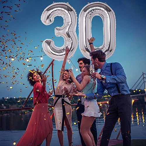 WEIKA 40 Inch Number 30 Balloons, Silver Giant Jumbo Helium Number 30 Foil Balloons for 30th Birthday Party Anniversary Events Man Woman Decorations Supplies
