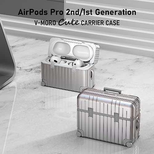 Airpods Pro 2nd/1st Generation Case Cover (2022/2019) with Keychain,V-MORO Cute Suitcase Earphone Protective Case for Apple Airpods Pro 2 Men Women-Silver