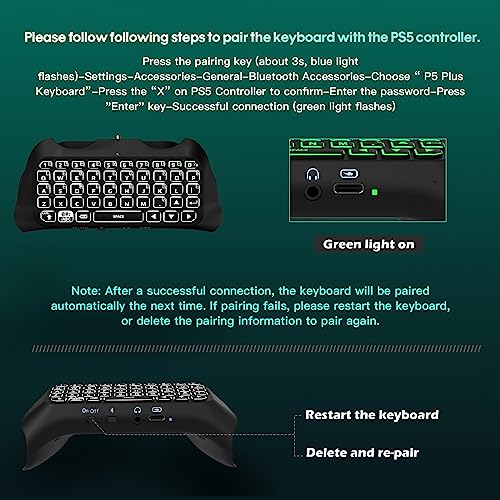 TiMOVO Green Backlight Keyboard for PS5 Controller, Wireless Bluetooth Keypad Chatpad for Playstation 5 Controller, Mini Game Keyboard Built-in Speaker with 3.5mm Audio Jack, Black+White Frame