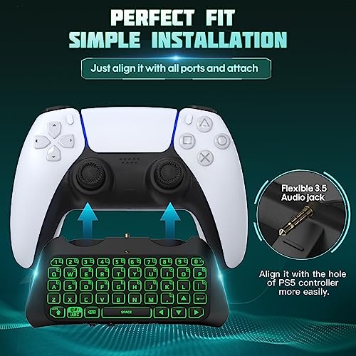 TiMOVO Green Backlight Keyboard for PS5 Controller, Wireless Bluetooth Keypad Chatpad for Playstation 5 Controller, Mini Game Keyboard Built-in Speaker with 3.5mm Audio Jack, Black+White Frame